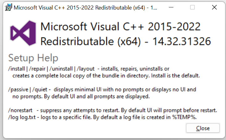 Microsoft Visual C++ Redistributable dialog box