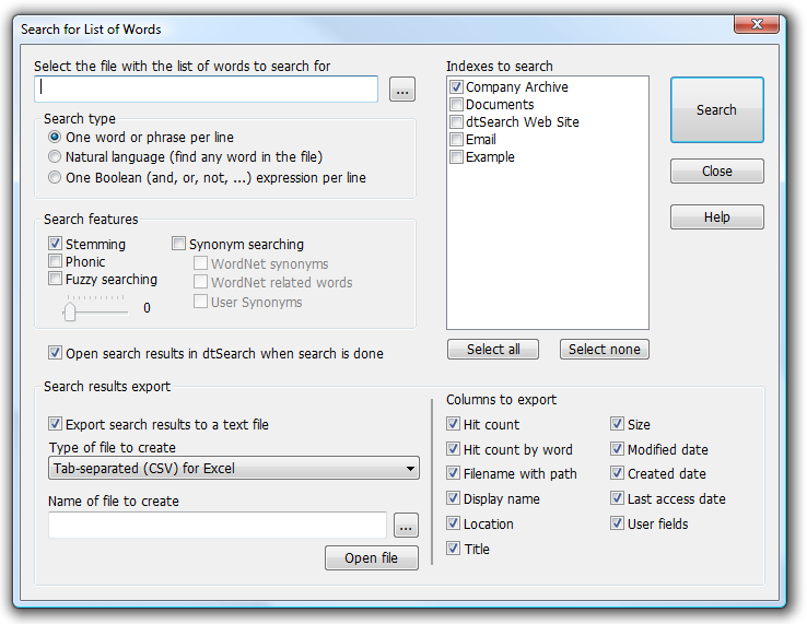Search for List of Words dialog box