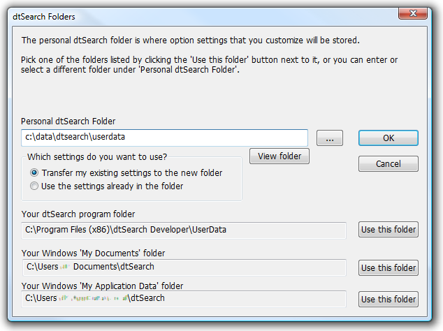 Change dtSearch folder dialog box