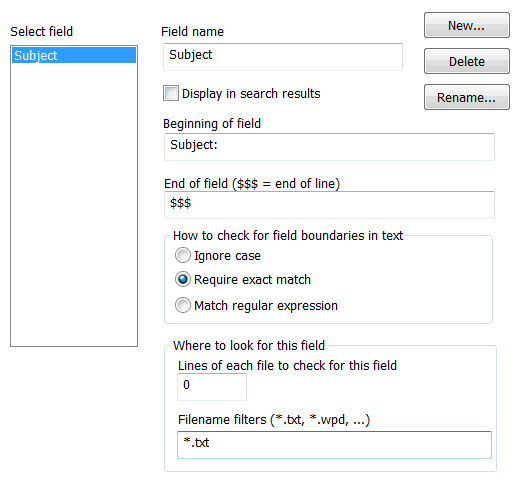 Text fields dialog box